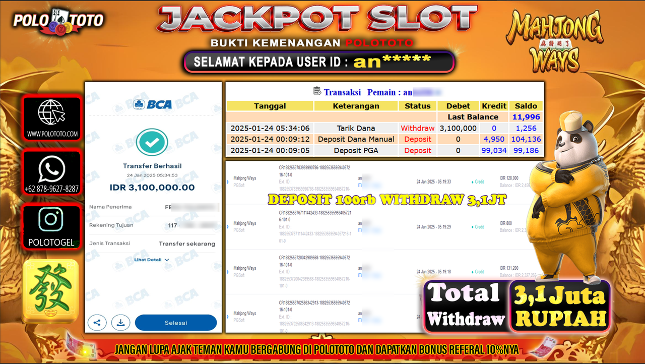 POLOTOTO JACKPOT SLOT MAHJONG WAYS  Rp.3,100.000,- 