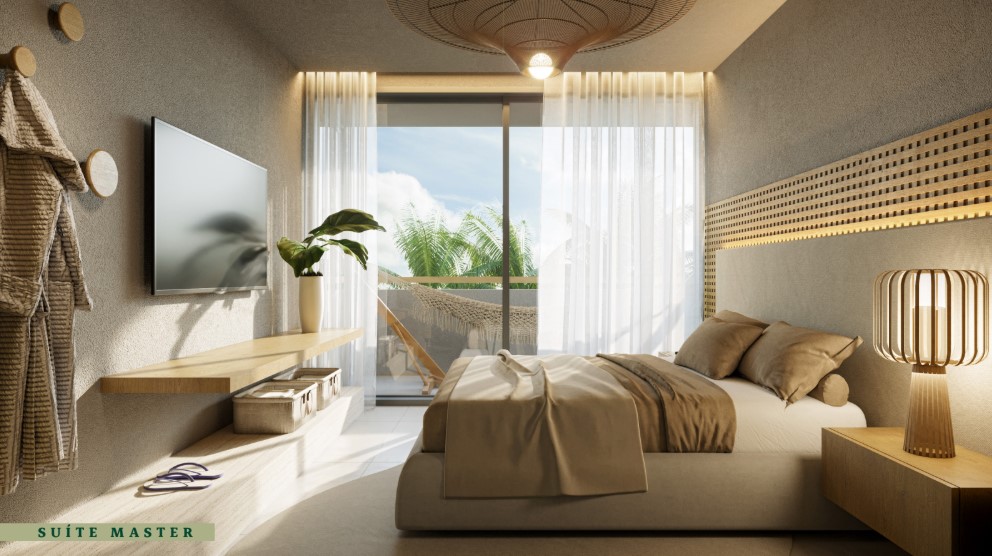 Suíte master decorada com cama king size e acabamento premium