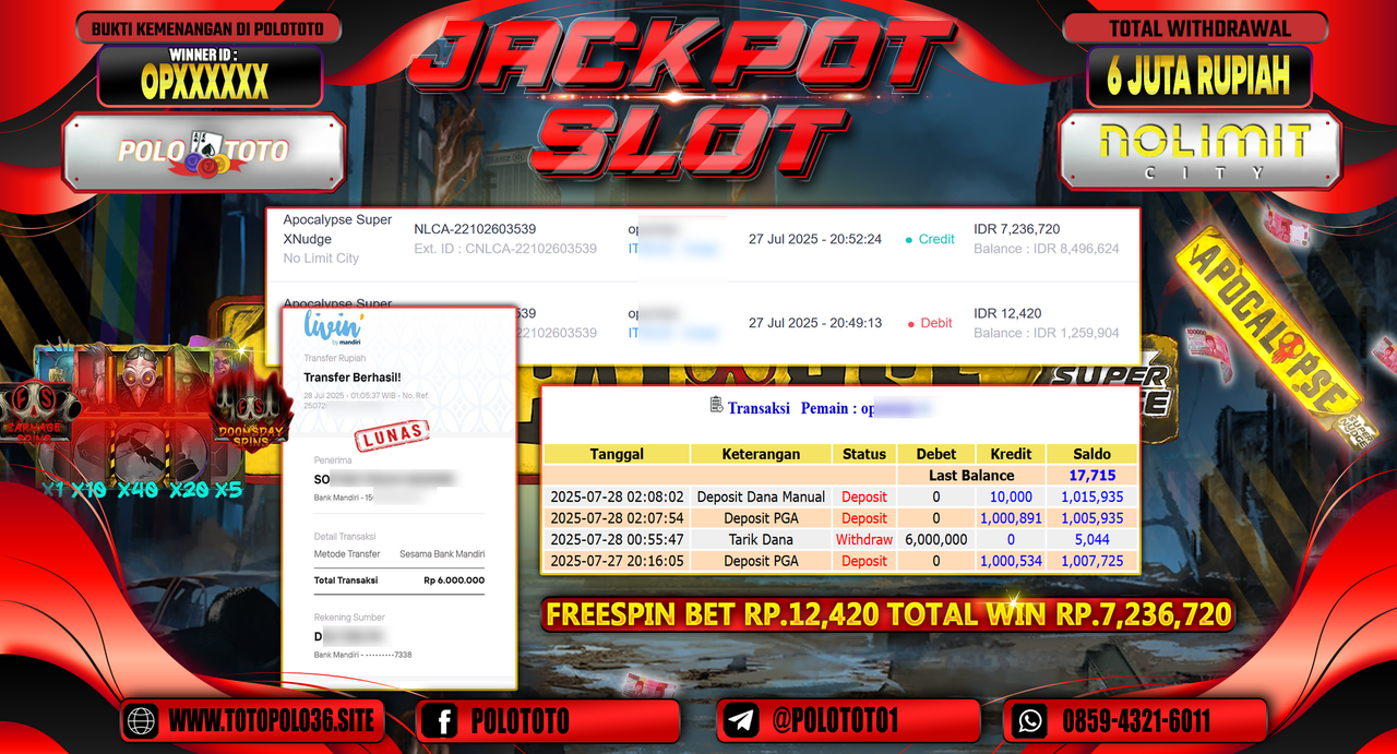 POLOTOTO JACKPOT SLOT APOCALYPSE SUPER XNUDGE Rp.6.000.000,-LUNAS