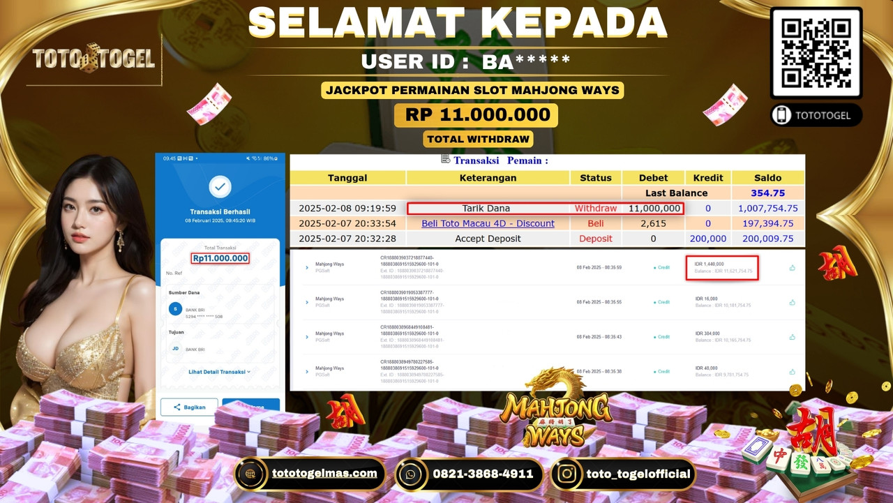 Bukti Pembayaran Jackpot  Permainan Slot Mahjong Ways  ID:BA*****  LUNAS
