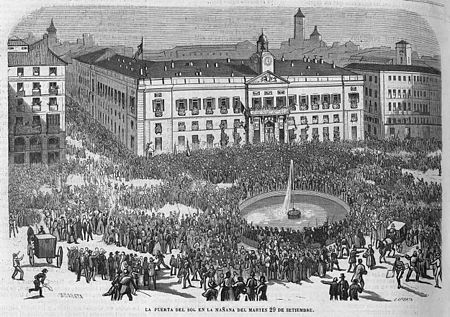 25 milésimas de escudo. Gobierno Provisional. Segovia 1868. Dedicada a 10 pfennig. La-Puerta-del-Sol-en-la-ma-ana-del-29-de-septiembre-de-1868-de-Urrabieta