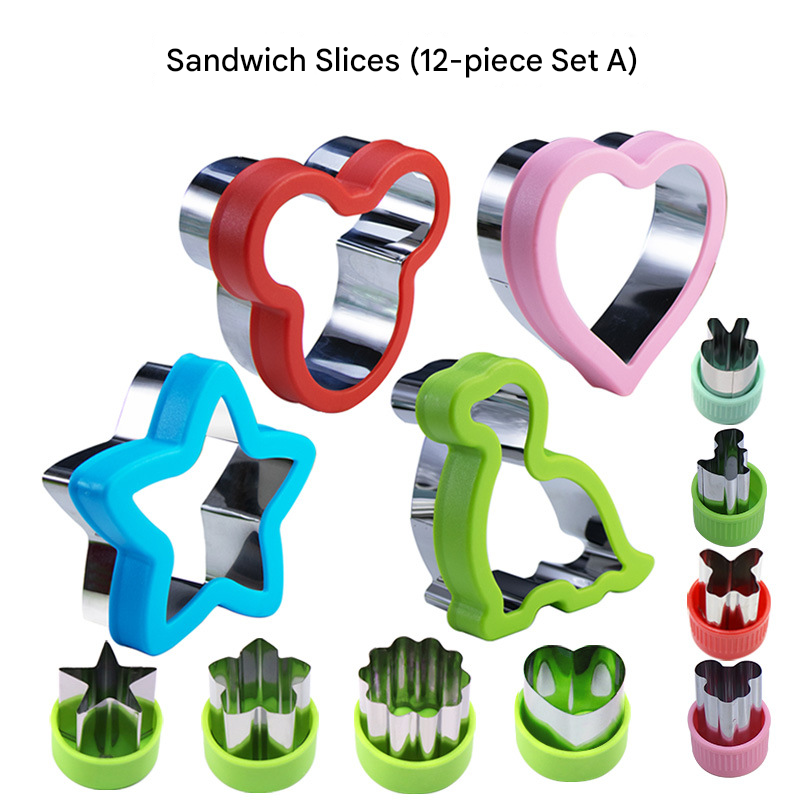 Stainless Steel Food Cutter Set – 12-Piece, Multi-Shape, with PP Press Cover for Sandwich, Cookie, Fruit and Vegetable Use(A)