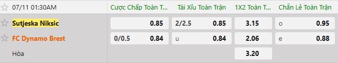 Soi kèo tài xỉu cả trận Sutjeska Niksic vs Dinamo Brest