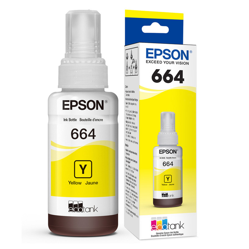 Botella de tinta original Epson 664 de color amarillo.