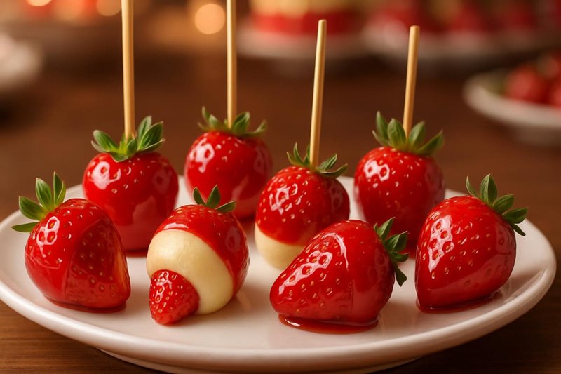 Mini morangos do amor caramelizados em palitos sobre superfície rústica