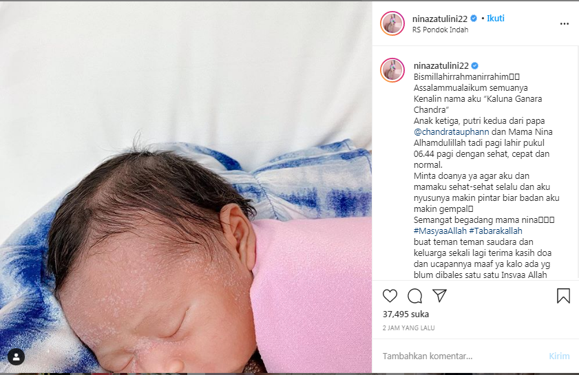 Nina Zatulini melahirkan anak ketiga