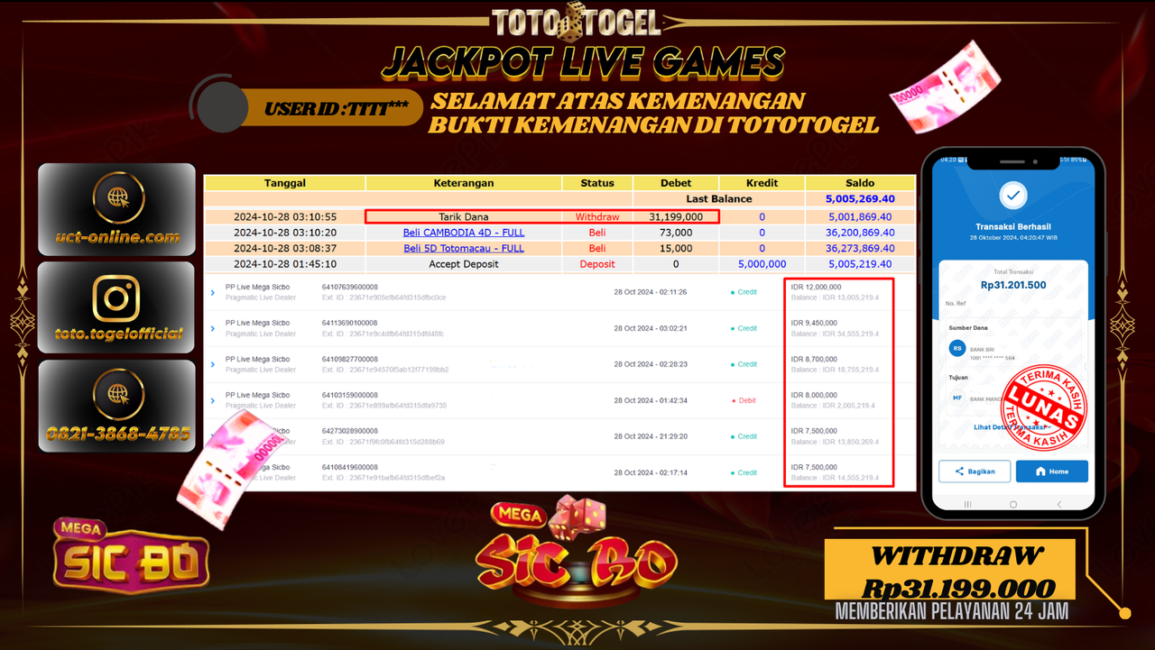 Bukti Pembayaran Permainan Jackpot Live Game Mega Sicbo ID : TITI*** LUNAS