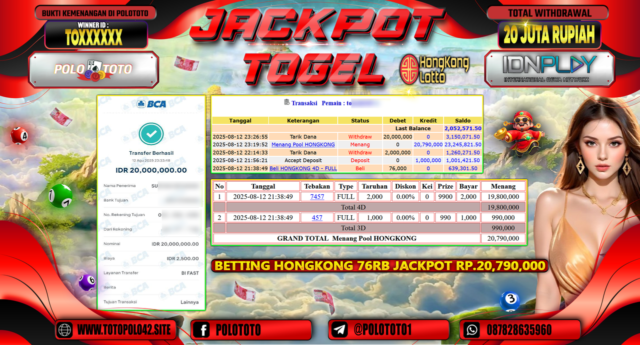 POLOTOTO JACKPOT TOGEL HONGKONG LOTTO Rp.20.000.000,-LUNAS