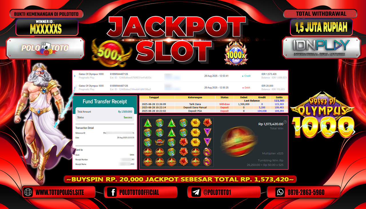POLOTOTO JACKPOT SLOT GATES OF OLYMPUS 1000 Rp.1.500.000,- LUNAS