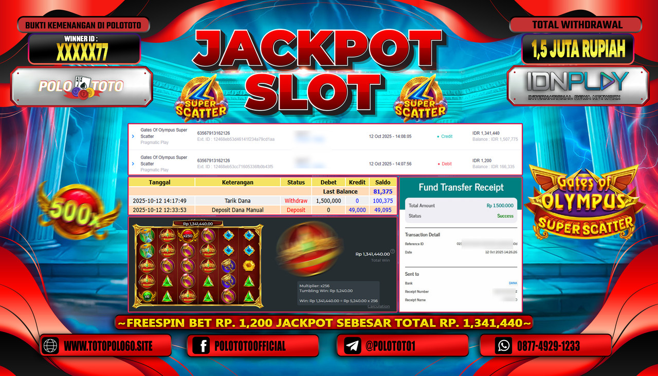 POLOTOTO JACKPOT SLOT GATES OF OLYMPUS SUPER SCATTER Rp.1.500.000,- LUNAS