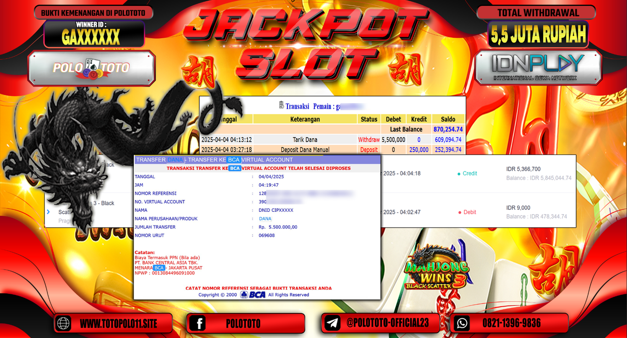 POLOTOTO JACKPOT SLOT MAHJONG WINS BLACK SCATTER 3 Rp.5.500.000,-