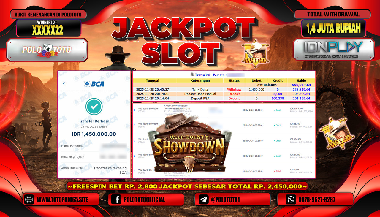 POLOTOTO JACKPOT SLOT WILD BOUNTY SHOWDOWN Rp.1.400.000,- LUNAS