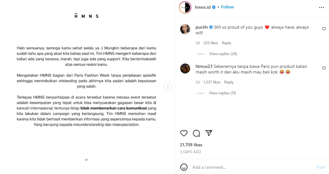 Klarifikasi dan permintaan maaf brand HMNS soal Paris Fashion Week.