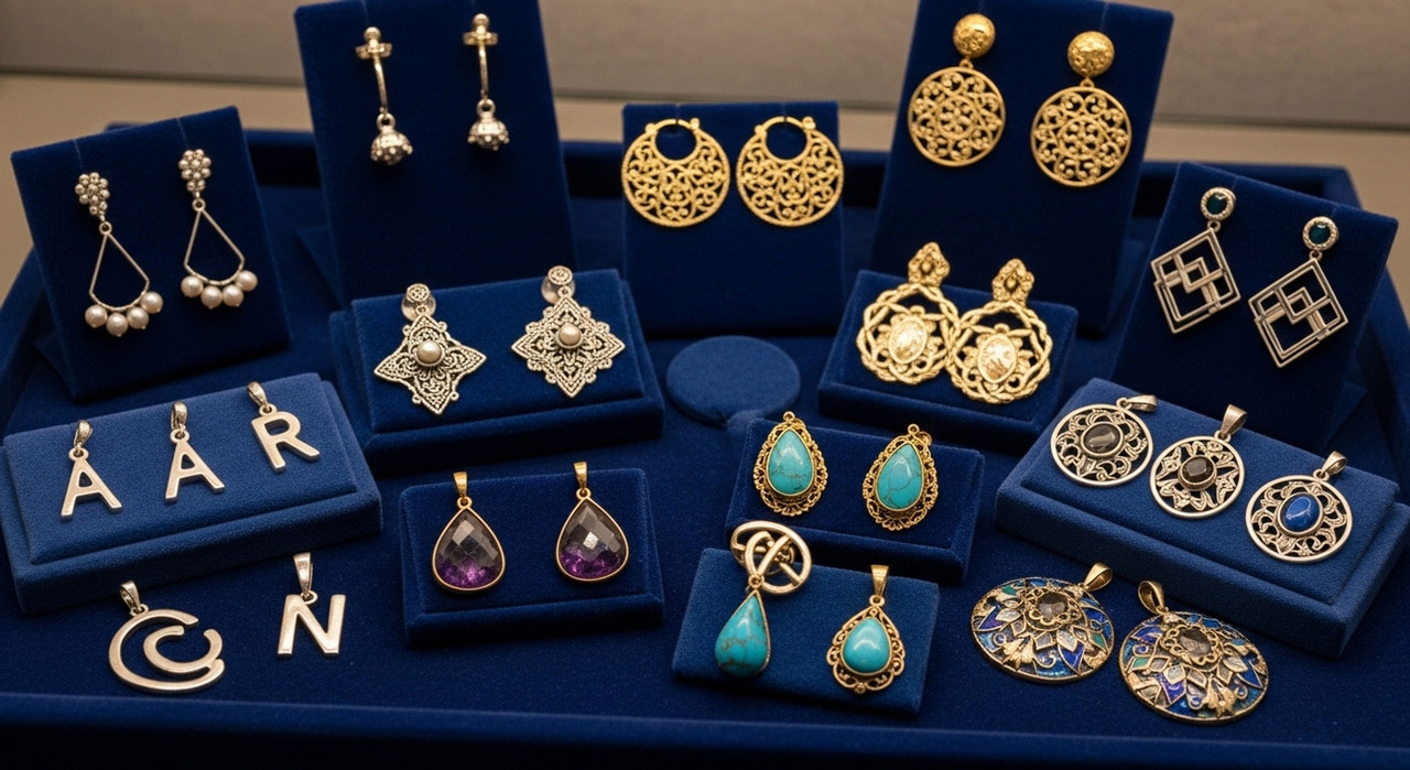 Ювелирные изделия на синих подставках