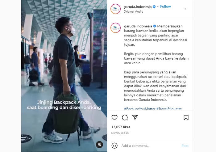 Garuda Indonesia membagikan beberapa etika perjalanan bagi para penumpang yang membawa backpack selama penerbangan.