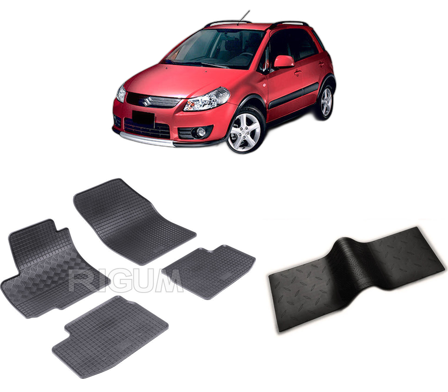 Set covorase auto SUZUKI SX4 din 2006-08.2013, cu covoras tunel median, CAROSERIE HATCHBACK, Presuri cauciuc 100%, compatibil cu autoturismul SUZUKI SX4, Rigum
