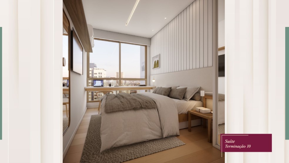 Suíte com acabamento moderno e ventilação natural