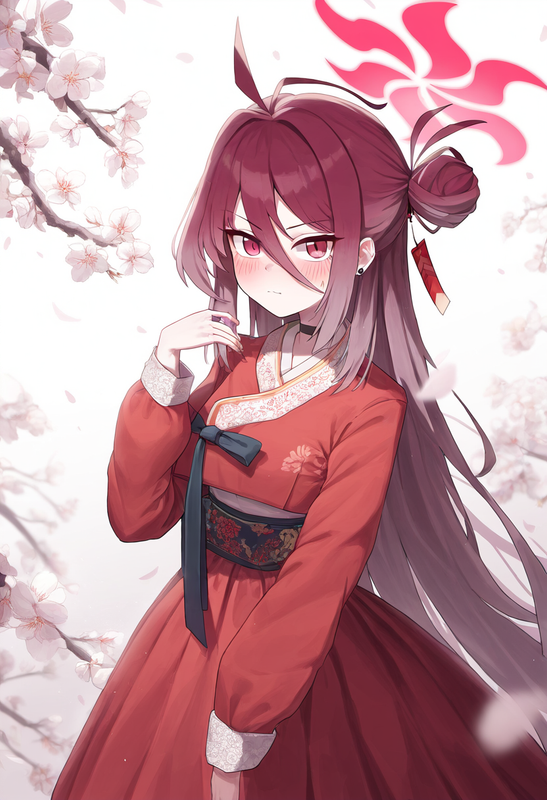 depth of field, 1girl, reijo (blue archive), alternate costume, {{{{red hanbok}} s-2045122027