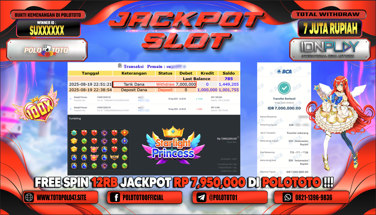 POLOTOTO JACKPOT SLOT STARLIGHT PRINCESS 1000 Rp.7.000.000,-