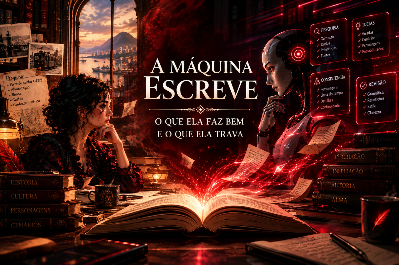 Infográfico sobre escrita com inteligência artificial destacando o que a máquina faz bem e onde ela trava na criação literária