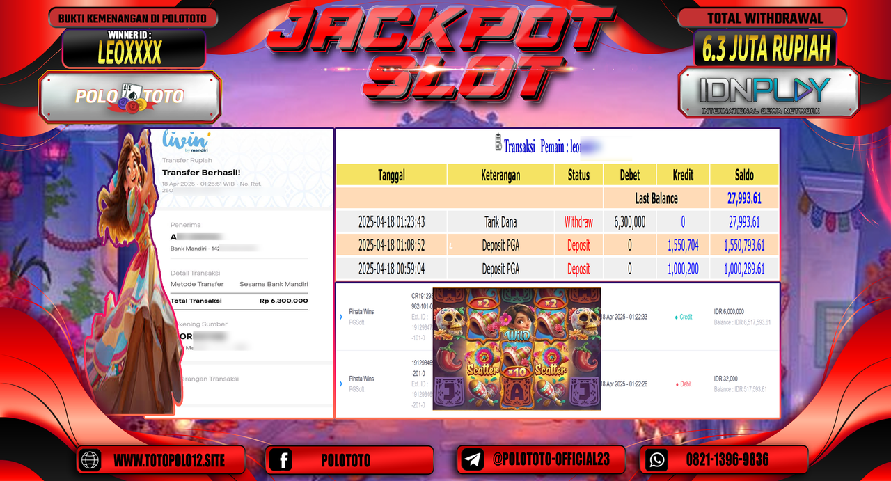 POLOTOTO JACKPOT SLOT PINATA WINS Rp.6.300.000,-