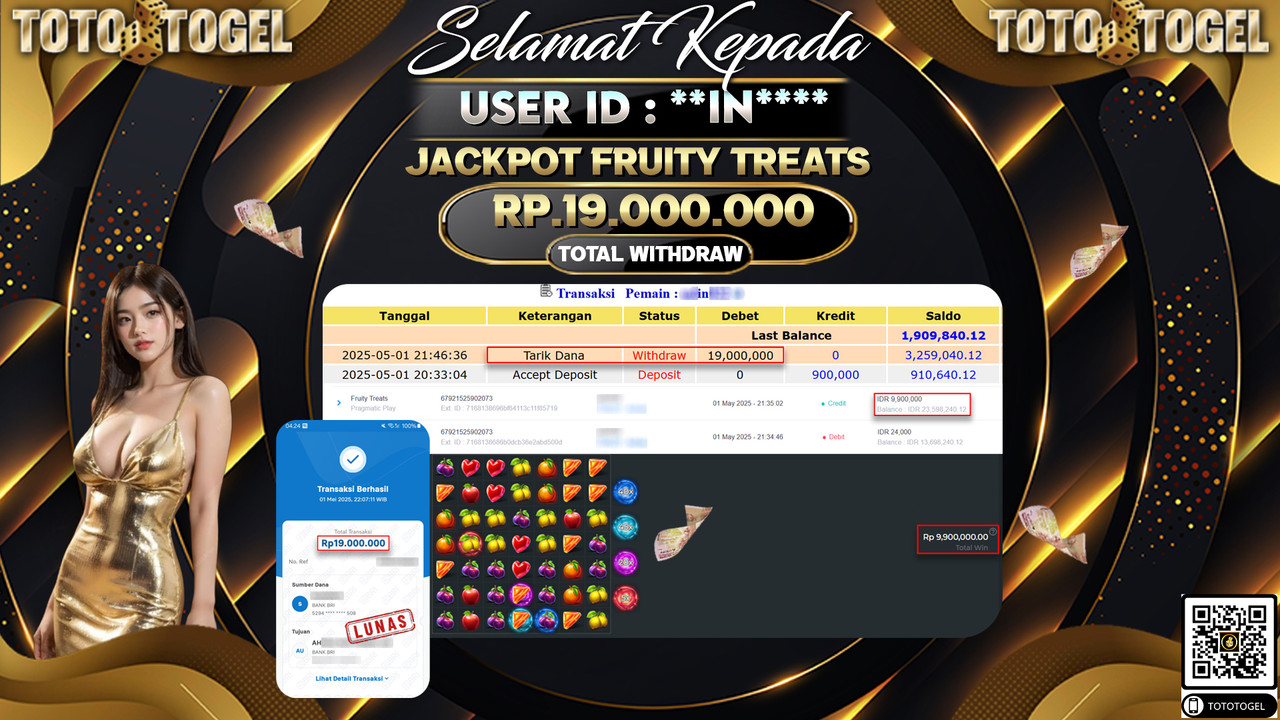 Bukti Pembayaran Jackpot  Permainan Slot Fruity Treats ID:**IN*** LUNAS