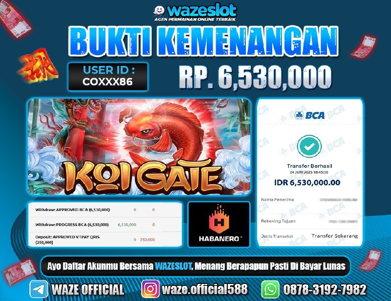 BUKTI KEMENANGAN 24 JUNI 2025 DI GAME KOI GATE ( HABANERO )