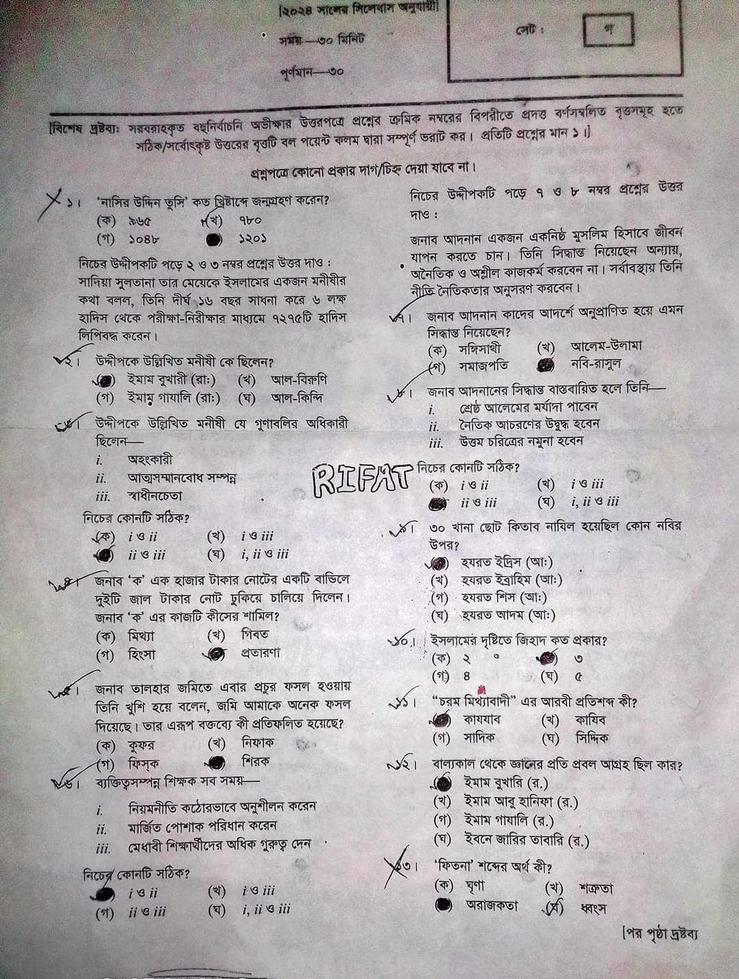 ময়মনসিংহ বোর্ড এসএসসি ইসলাম ও নৈতিক শিক্ষা প্রশ্ন সমাধান ২০২৪