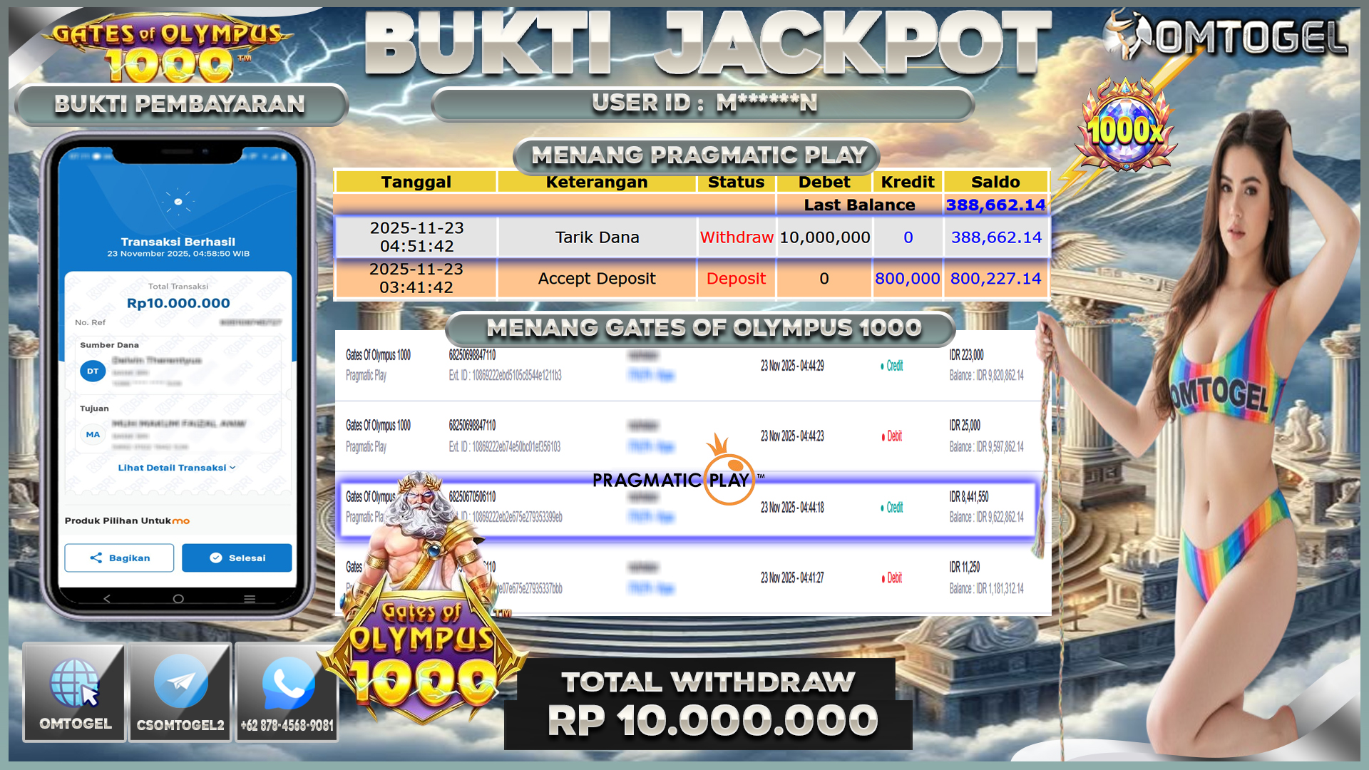 OMTOGEL JACKPOT PRAGMATIC PLAY GATES OF OLYMPUS 1000  ,10 JUTA DI BAYAR LUNAS ,-