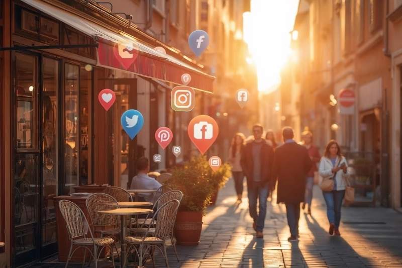 Titolo SEO: Marketing locale sui social: comunità e strategie digitali Strada italiana con caffè e persone che camminano tra icone fluttuanti dei social media come Facebook, Instagram e Twitter, simbolo del marketing locale sui social