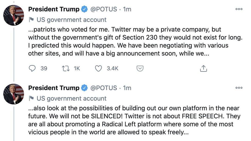 Setelah Twitter secara permanen menangguhkan akun @realDonaldTrump miliknya, Trump men-tweet dari akun resmi presiden AS @Potus yang menyatakan bahwa dia akan