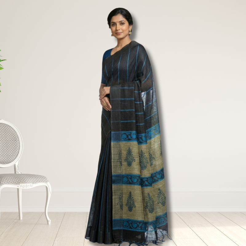 Handblock Printed Linen by Linen Saree with Blouse Piece | Premium Natural Linen | Elegant Everyday & Work Wear
