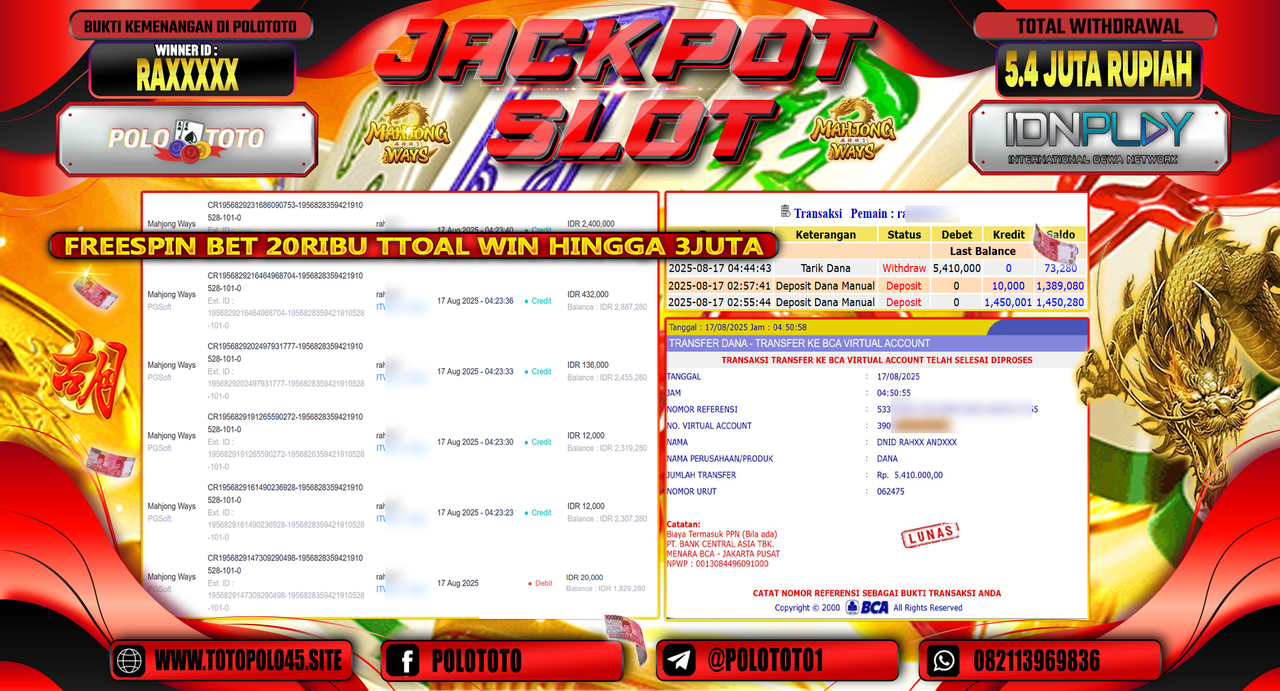 POLOTOTO JACKPOT SLOT MAHJONG WAYS Rp.5.410.000,-