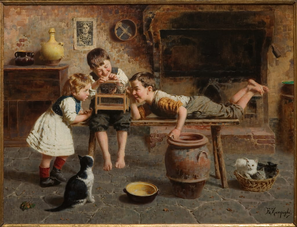 2-Eugenio-Zampighi-Childrens-Games-oil-on-canvas-Meister-Drucke-1410656