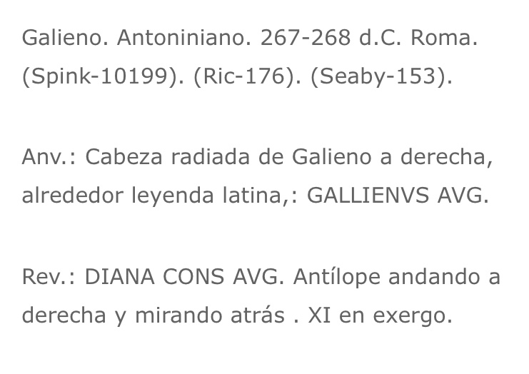 Antoniniano Galieno. DIANA CONS AVG. Antílope a dcha. Roma 7-B108255-8-CBF-4-BC7-B09-B-C93-A63-B5874-C