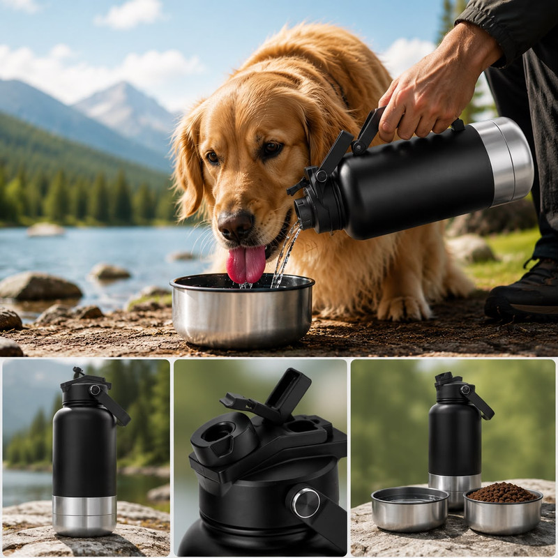 3-in-1 Insulated Dog Water Bottle with Food and Water Bowls