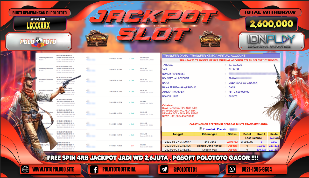 POLOTOTO JACKPOT SLOT WILD BOUNTHY SHOWDOWN Rp.2.600.000,- LUNAS
