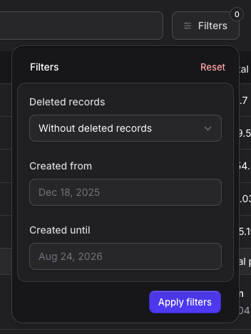 Stature Theme Orders filter popover in dark mode