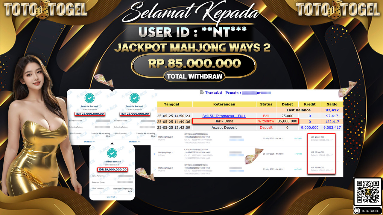 Bukti Pembayaran Jackpot Permainan Slot Mahjong Ways 2 ID:***NT** LUNAS
