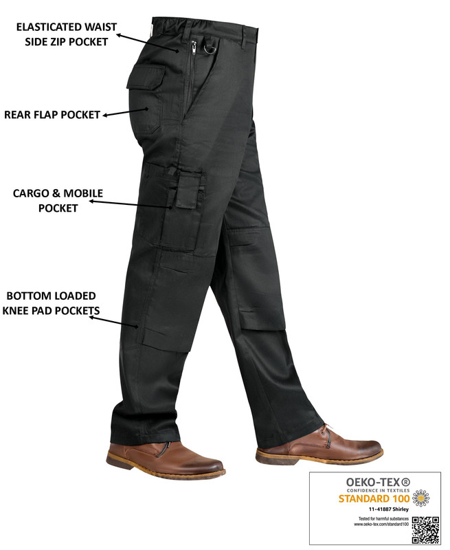 Mens Elastic Waistband Combat Cargo Work Trouser Pant with