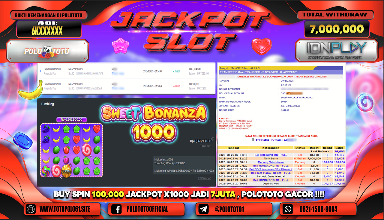 POLOTOTO JACKPOT SLOT SWEET BONANZA 1000 Rp.7.000.000,- LUNAS