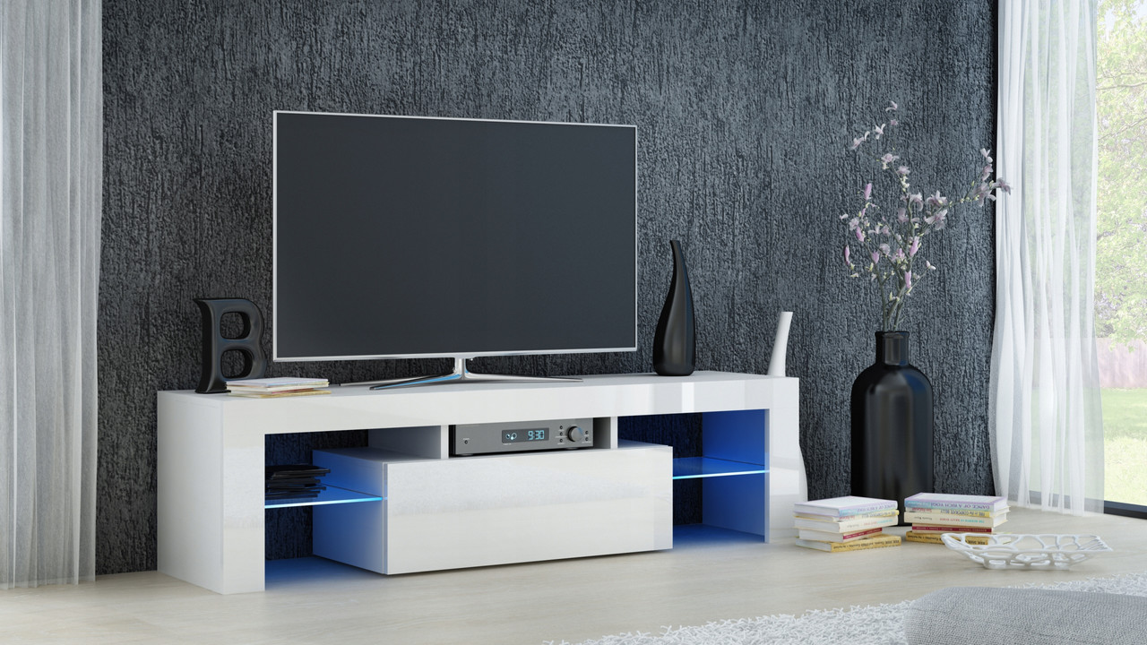 TV Schrank, Lowboard, TV Möbel Fernseher Schrank Weiß 140cm hochglanz