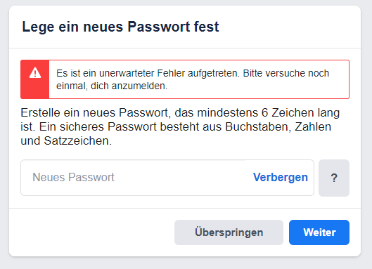 Facebook Passwort-Reset gestört