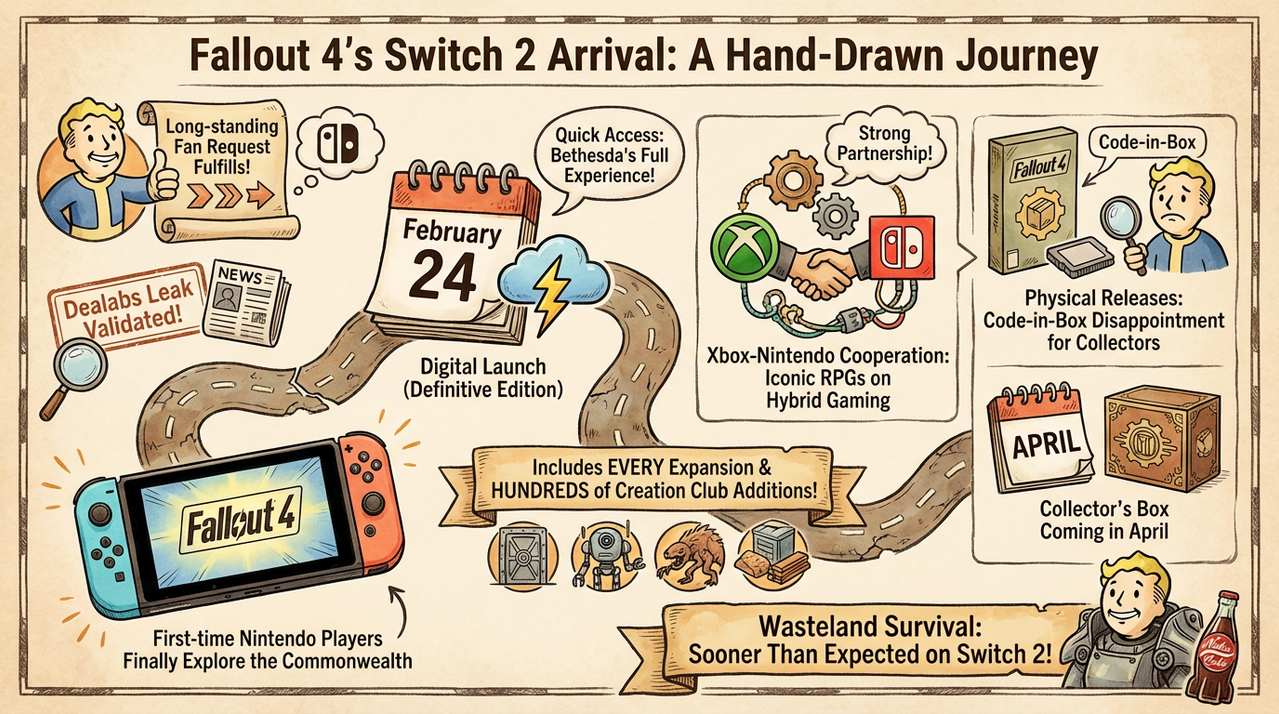 Fallout 4 Switch 2 Physical Box Leak Confirmed - Here's What Bethesda Revealed 1 Post-apocalyptic wasteland gaming scene with Fallout style armor