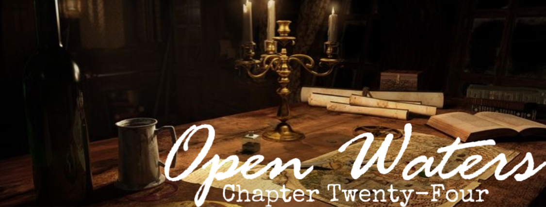 Chapter Twenty Four: A desk with a candelabra, maps, and scrolls. 
