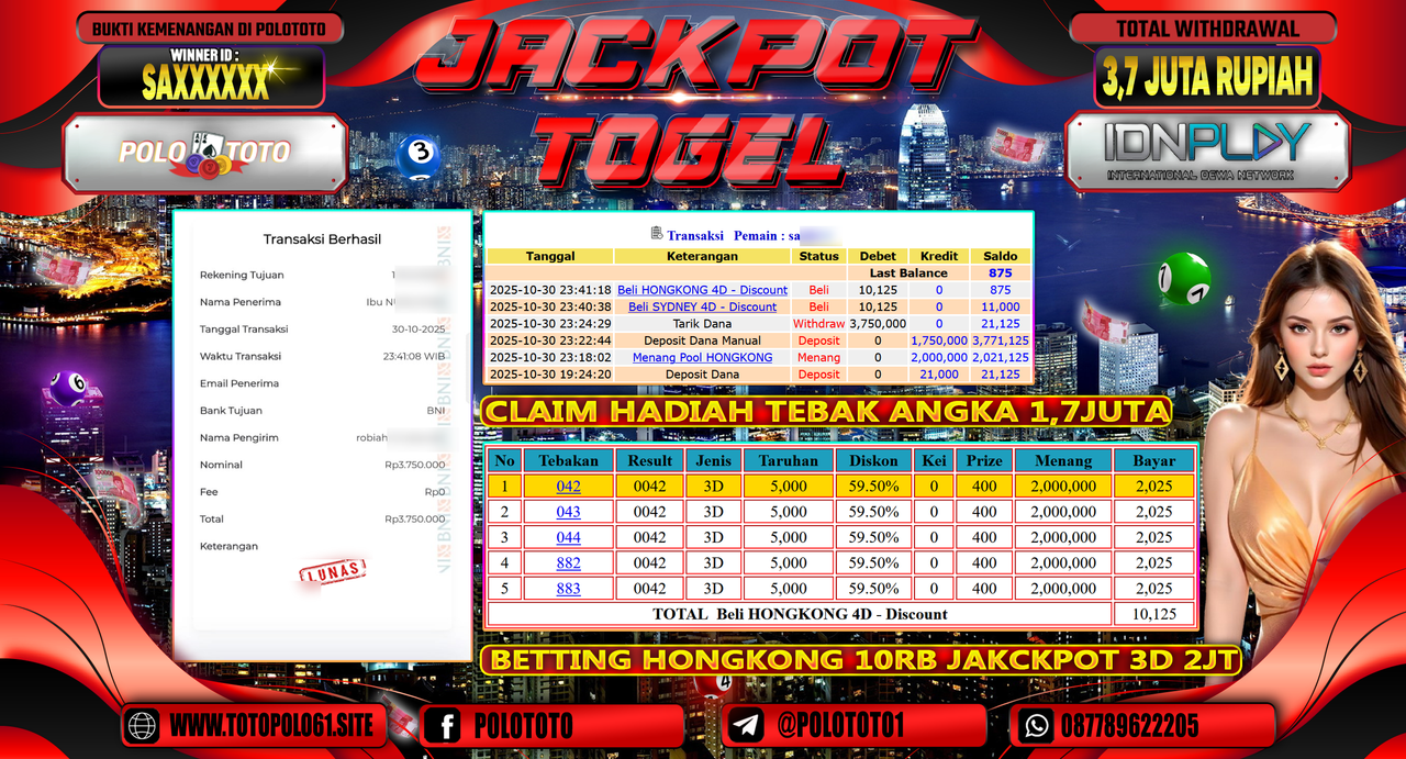 POLOTOTO JACKPOT TOGEL MENANG HONGKONG LOTTO Rp.3.700.000,- LUNAS