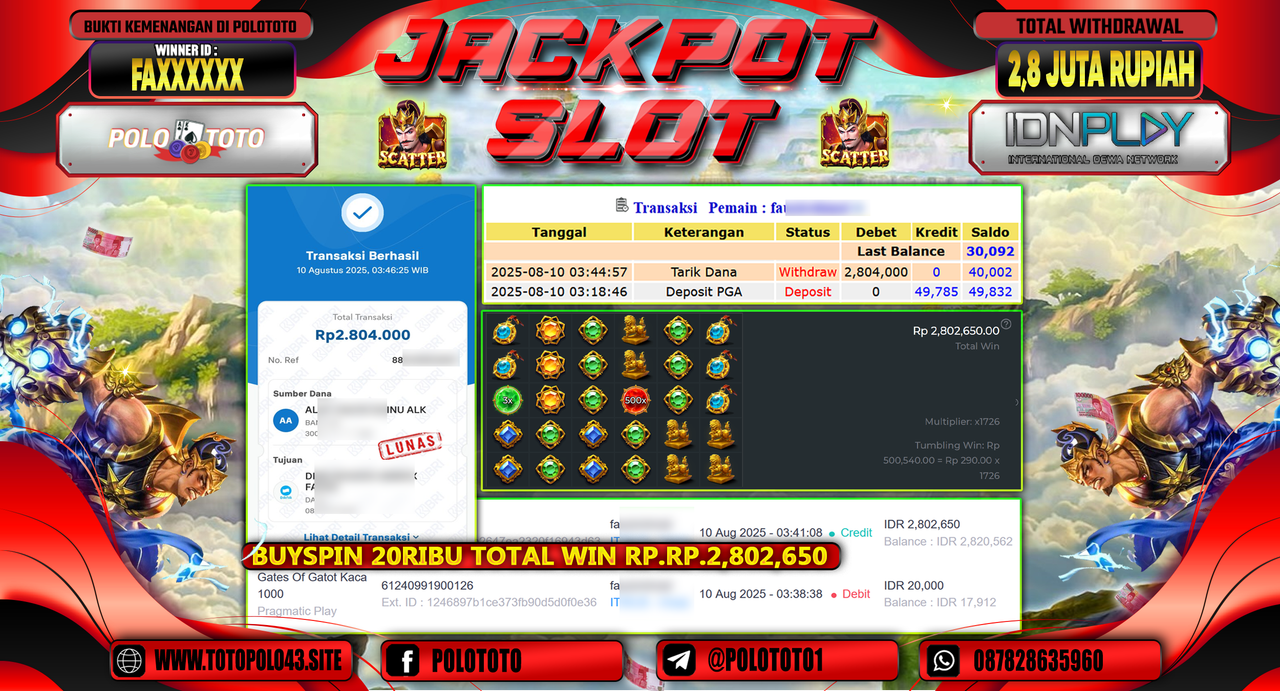 POLOTOTO JACKPOT SLOT GATES OF GATOT KACA 1000 Rp.2.800.000,-LUNAS