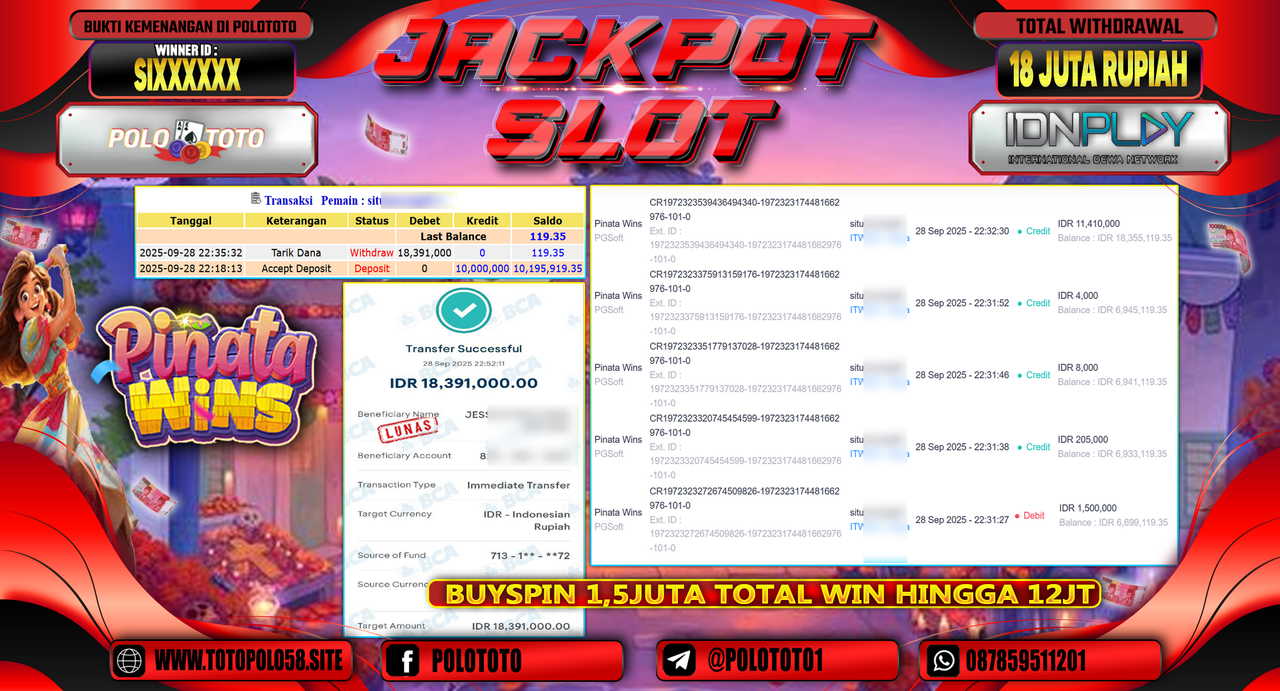 POLOTOTO JACKPOT SLOT PINATA WINS Rp.18.000.000,- LUNAS
