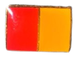 an enamel pin with two side by side squares-- the one on the left red, and the one on the left maize/orange-yellow