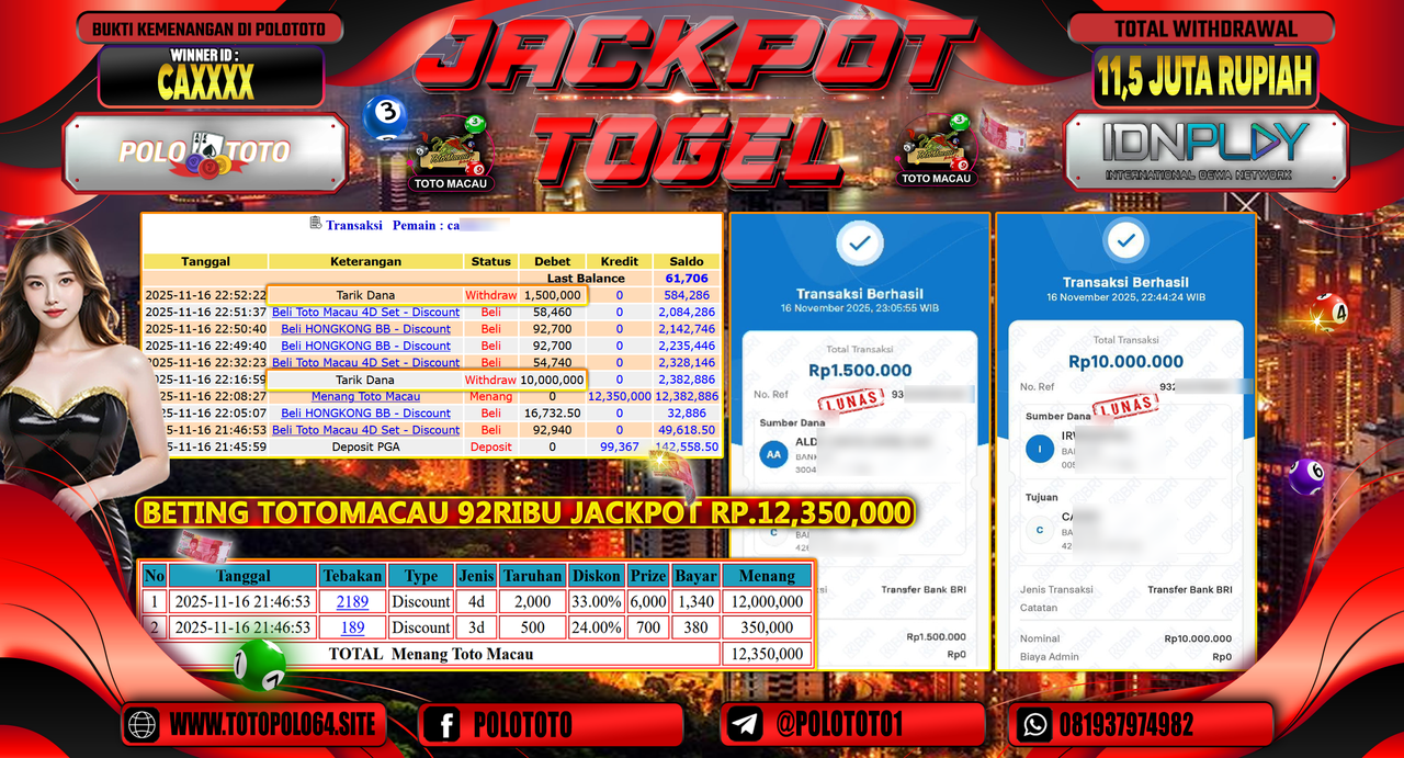 POLOTOTO JACKPOT TOGEL MENANG TOTO MACAU Rp.11.500.000,- LUNAS